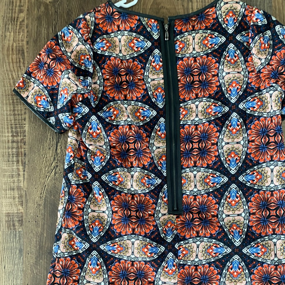 B.P. Collections Bold Orange & Navy Pattern Dress w/ Faux Leather Detail, medium